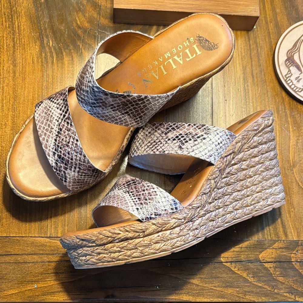 Italian Shoemakers Snakeskin Wedges - Brown and Cream - Picture 2 of 9